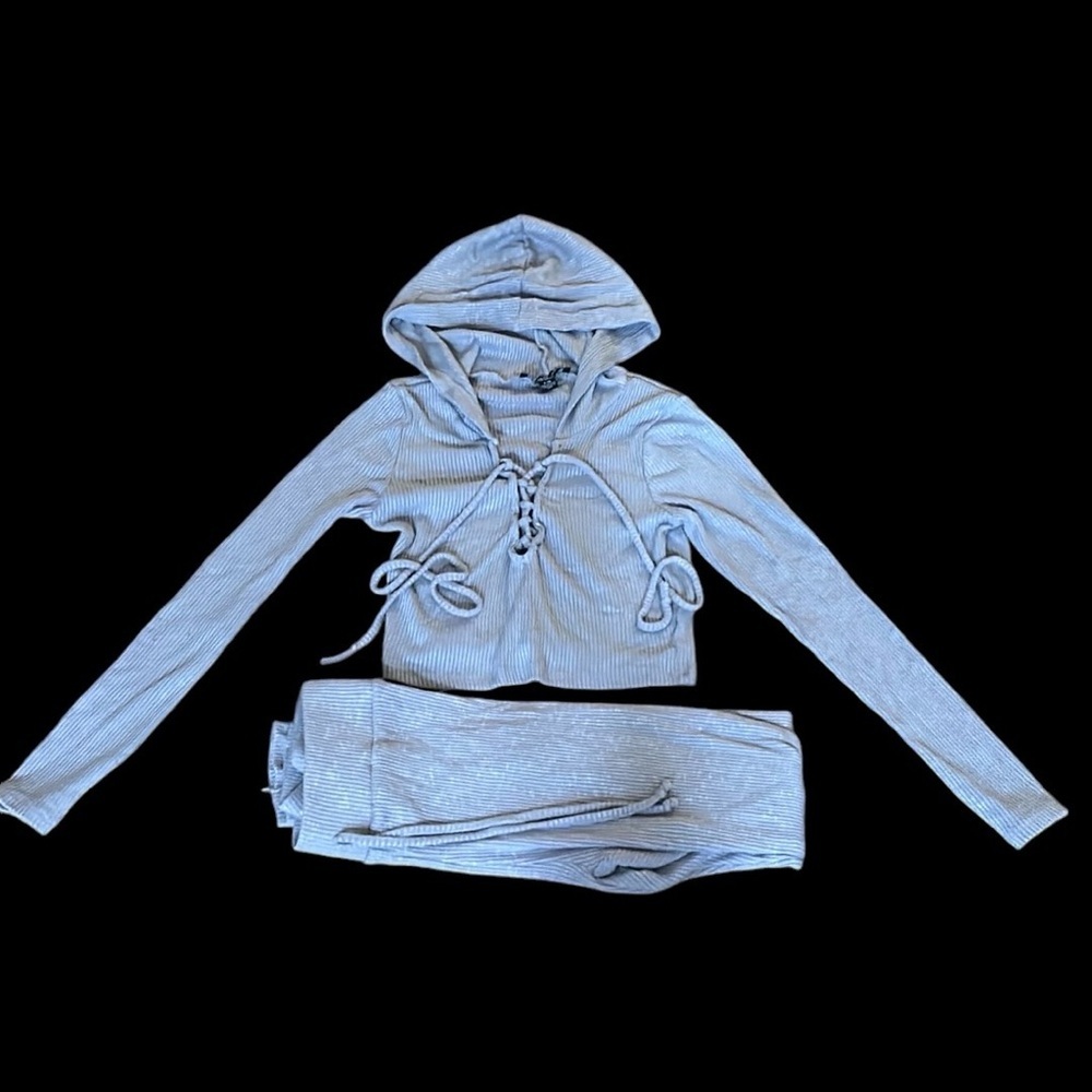 Lavender Rib Knit Streetwear Society Matching Set Cropped Hoodie and Leggings